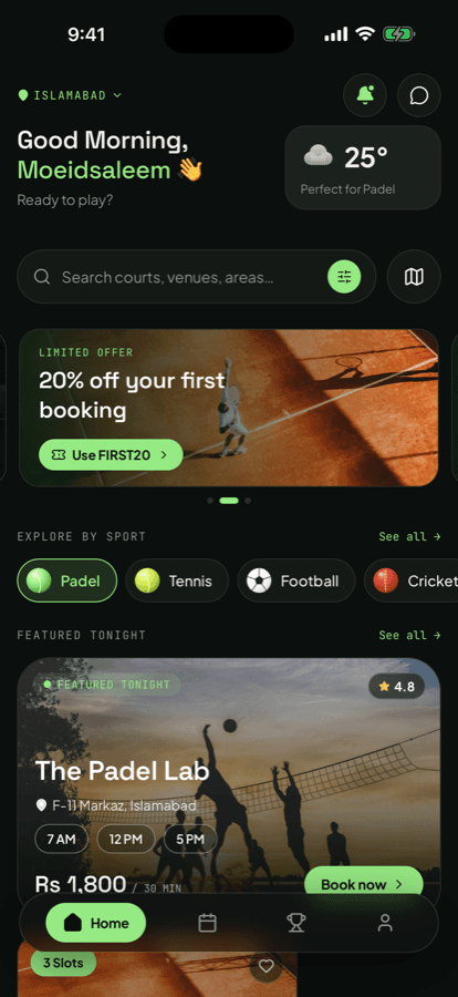 Sportel app — courts near you, live